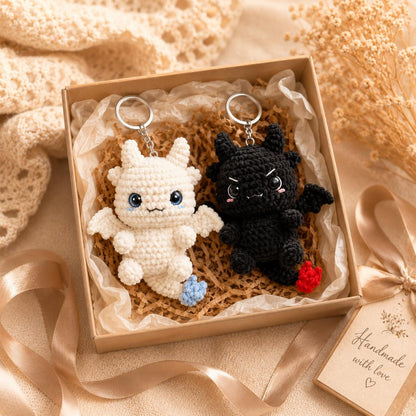 Handmade Crochet Dragon Keychain – Night Fury & Light Fury Plush, Couple keychain, Valentine Gift