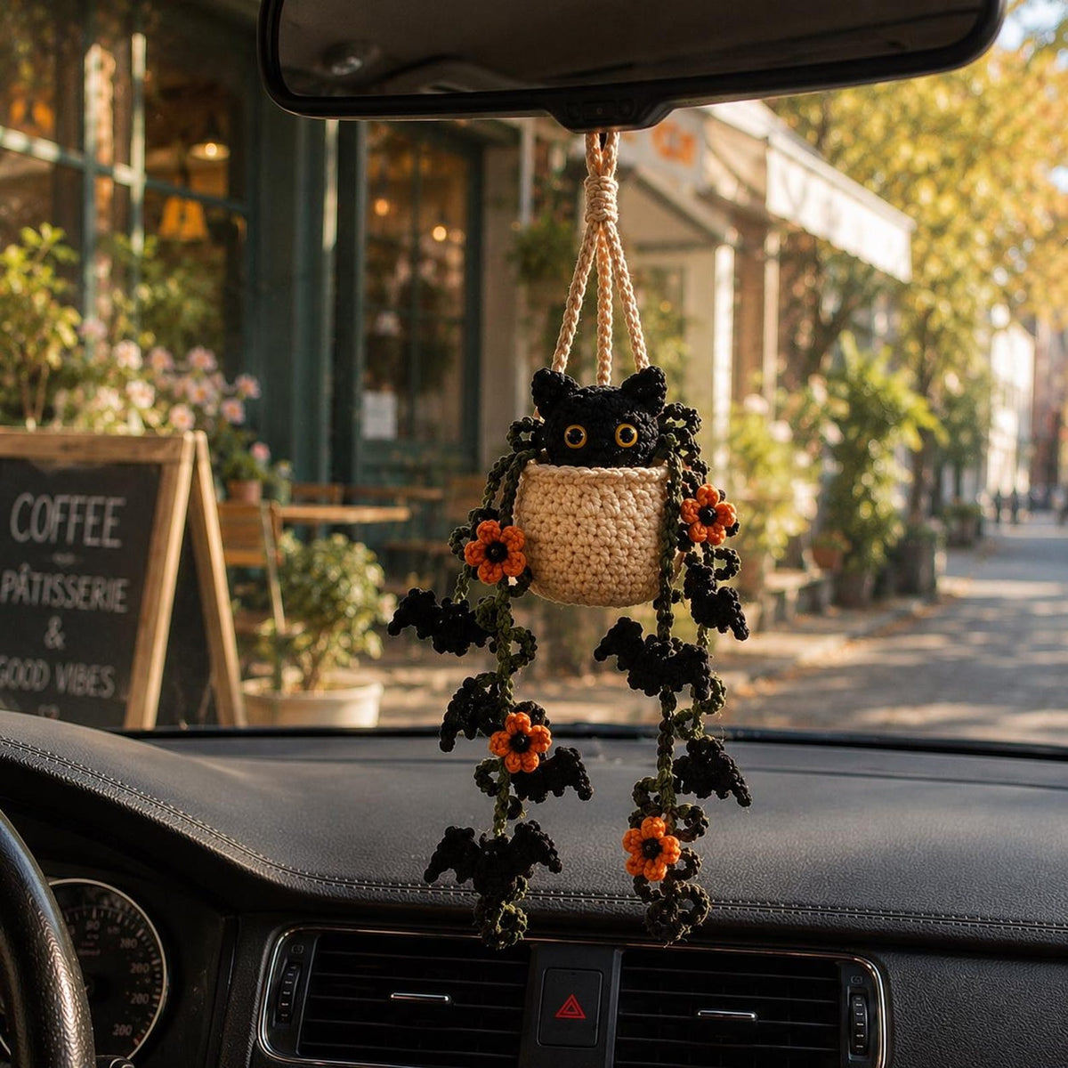 Crochet Halloween Black Cat Plant Car Hanging, Bat Vine Car Charm, Spooky Cute Halloween Car Decor, Handmade Plant Lover Gift