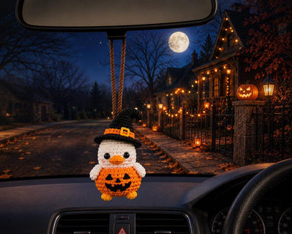 Crochet Halloween Duck Car Mirror Charm, Pumpkin Duck Hanging Ornament, Cute Amigurumi Rear View Mirror Decor, Cute Halloween Gift