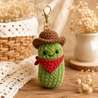 Custom Lucky Cowboy Pickle Crochet Keychain, Emotional Support Pickle Car Charm, Funny Western Bag Accessory, Personalized Amigurumi Gift
