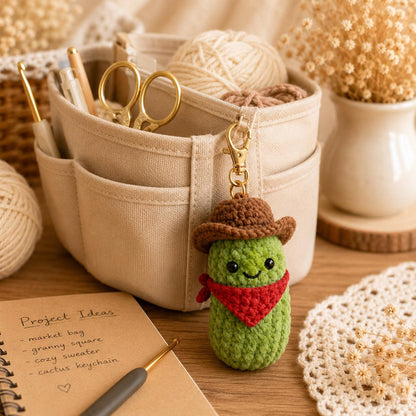 Custom Lucky Cowboy Pickle Crochet Keychain, Emotional Support Pickle Car Charm, Funny Western Bag Accessory, Personalized Amigurumi Gift