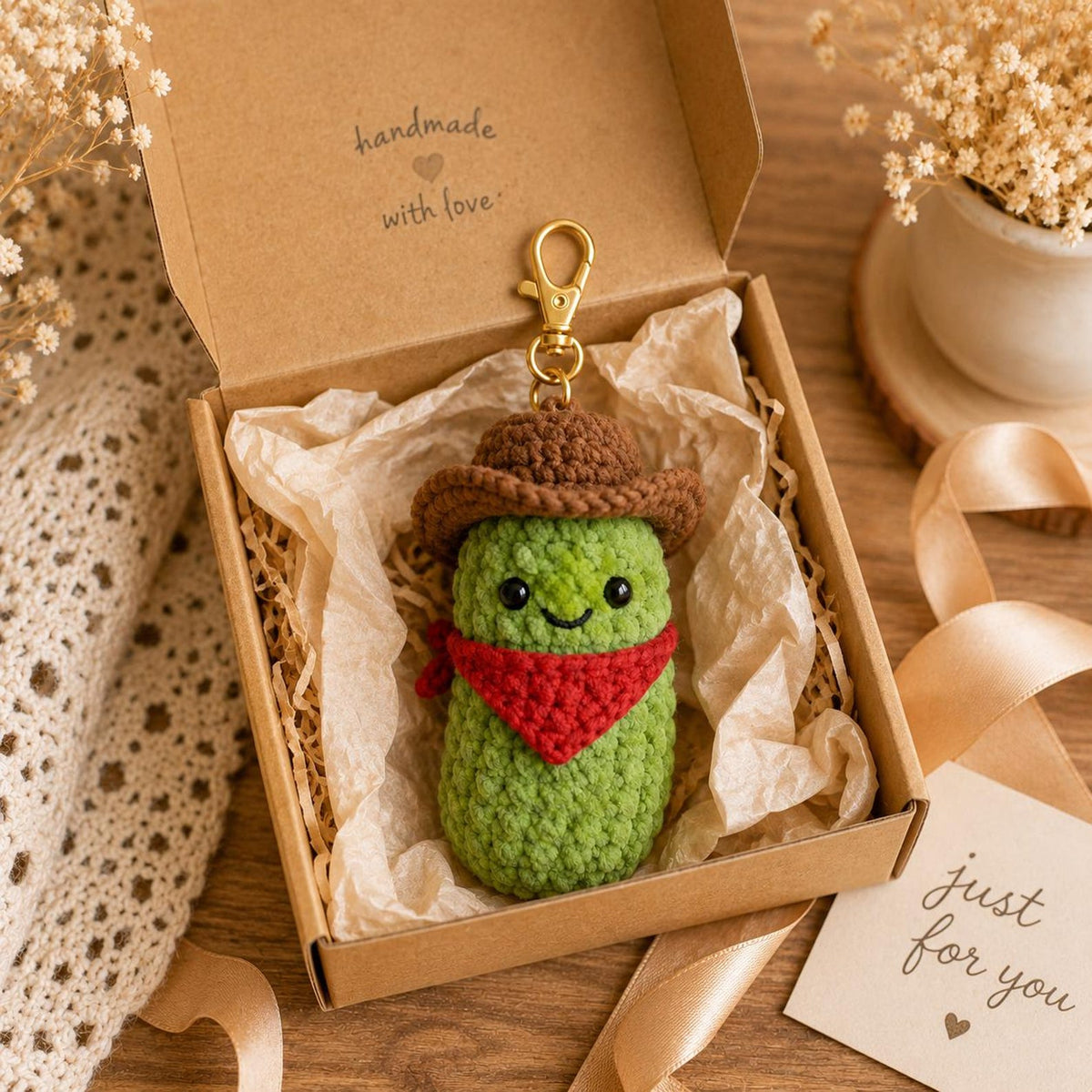 Custom Lucky Cowboy Pickle Crochet Keychain, Emotional Support Pickle Car Charm, Funny Western Bag Accessory, Personalized Amigurumi Gift