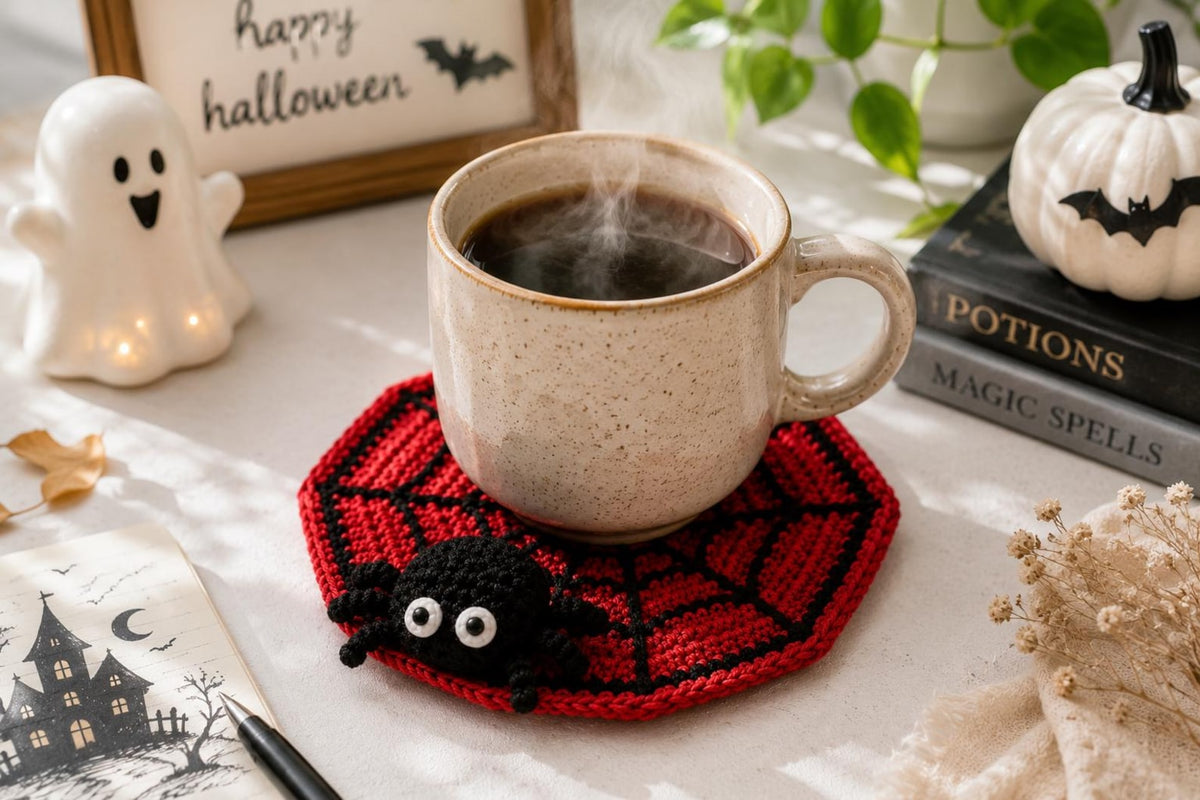 Halloween Crochet Spider Web Coaster,Spider Coaster with Cute Spider, Fall Home Decor,SpookyHalloween Table Decor, Handmade Spider Coasters,
