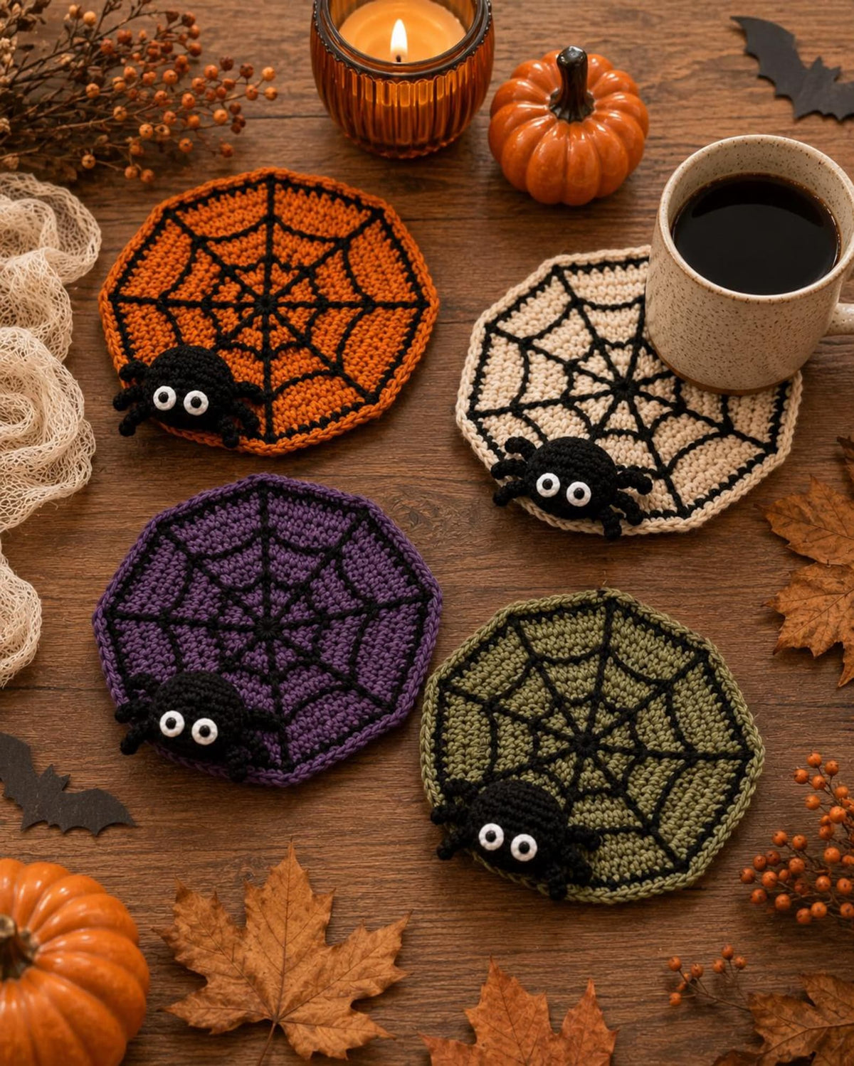 Halloween Crochet Spider Web Coaster,Spider Coaster with Cute Spider, Fall Home Decor,SpookyHalloween Table Decor, Handmade Spider Coasters,