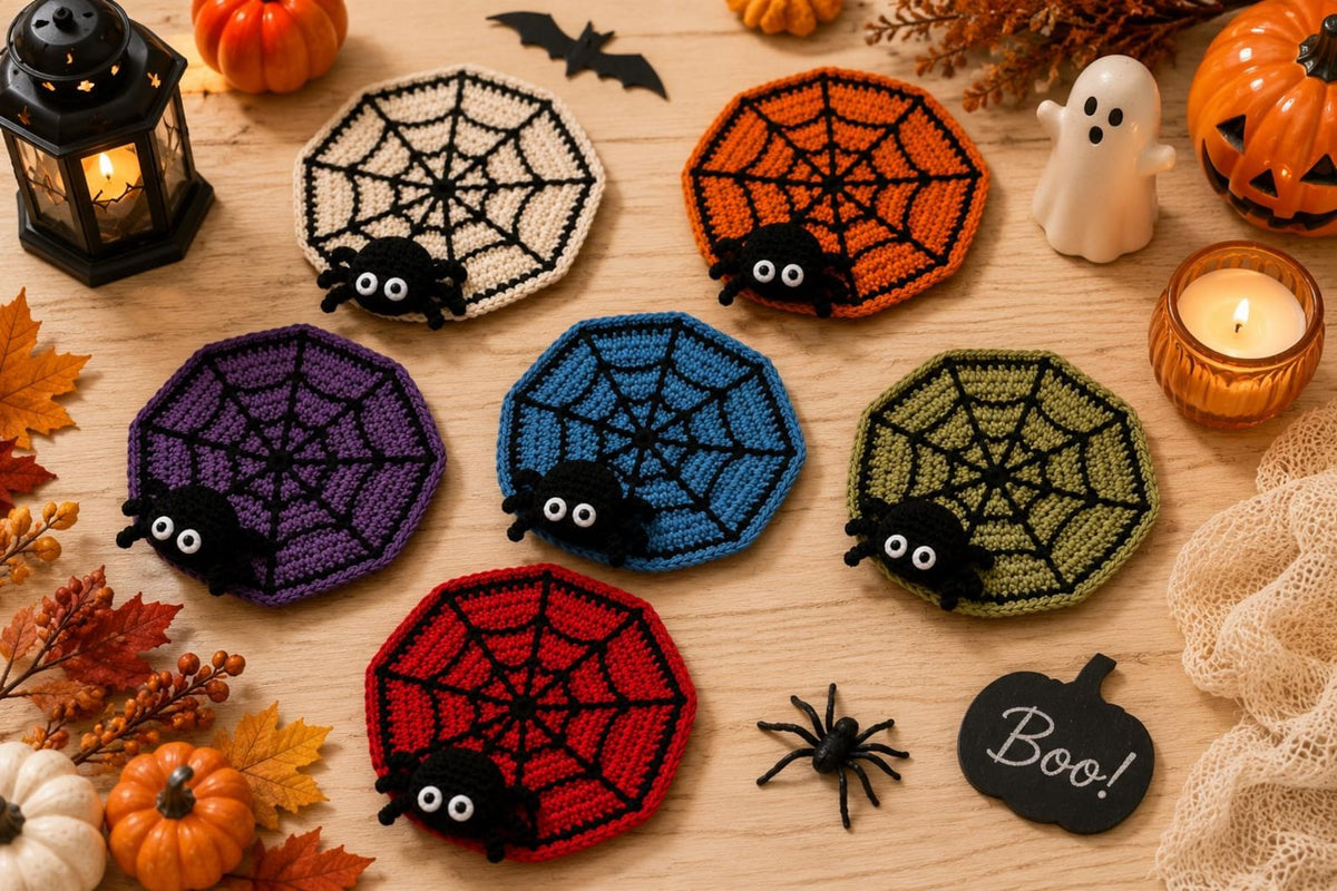 Halloween Crochet Spider Web Coaster,Spider Coaster with Cute Spider, Fall Home Decor,SpookyHalloween Table Decor, Handmade Spider Coasters,