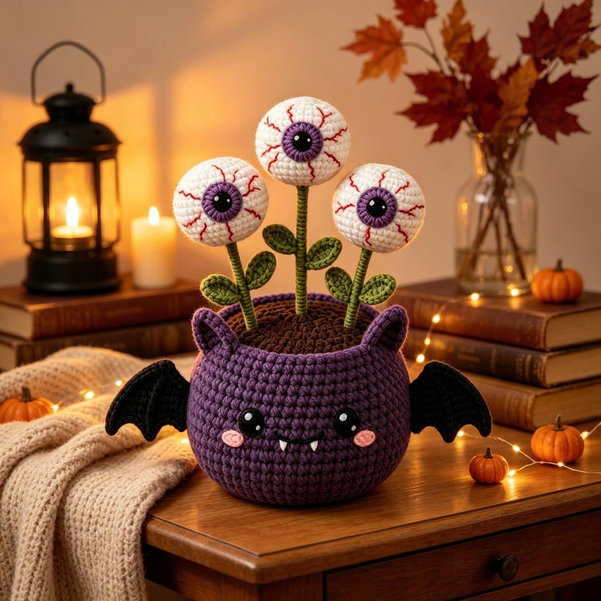 Handmade Crochet Halloween Bat Pot, Creepy Cute Flower Arrangement, Halloween Desk Decor, Gothic Home Decor, Thoughtful Spooky Gift