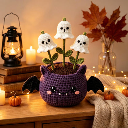 Handmade Crochet Halloween Bat Pot, Creepy Cute Flower Arrangement, Halloween Desk Decor, Gothic Home Decor, Thoughtful Spooky Gift