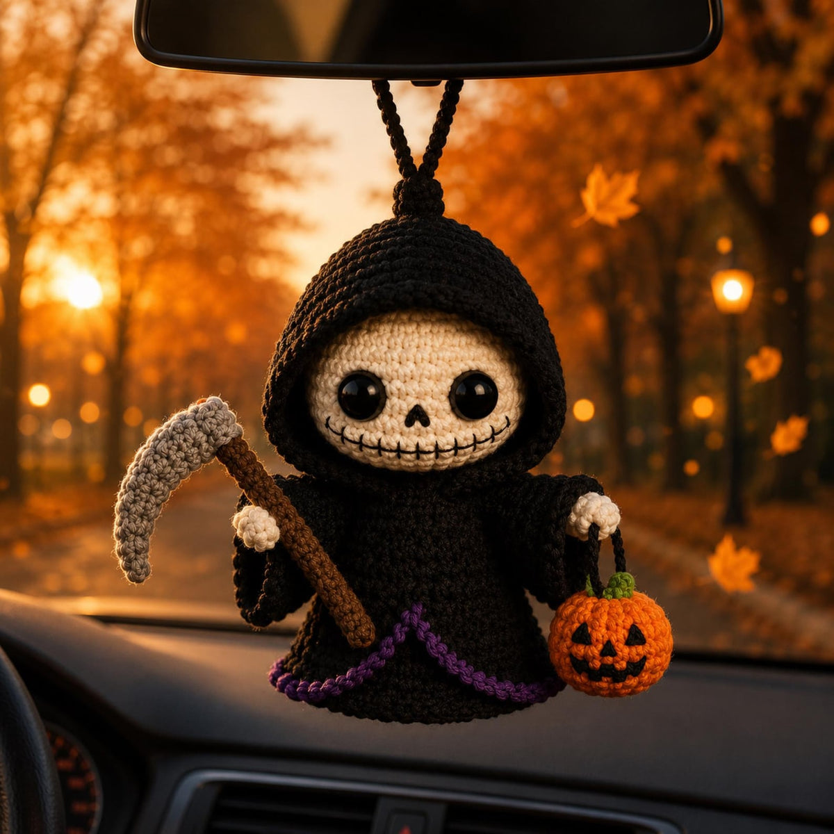 Handmade Crochet Grim Reaper Car Charm, Halloween Rearview Mirror Hanging, Cute Gothic Plush Ornament, Spooky Car Decor, Halloween Lovers