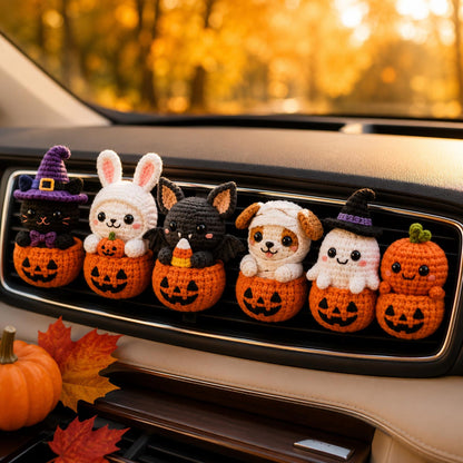 Halloween Crochet Car Hanging, Black Cat Bunny Bat Ghost Mummy Dog Rearview Mirror Charm, Handmade Car Vent Clip, Halloween Gift