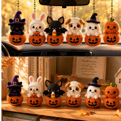Halloween Crochet Car Hanging, Black Cat Bunny Bat Ghost Mummy Dog Rearview Mirror Charm, Handmade Car Vent Clip, Halloween Gift