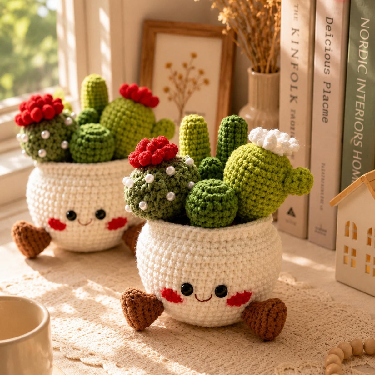 Crochet Flower Pot Set, Sunflower Mushroom Cactus Planter, Handmade Amigurumi Plant Decor, Cute Desk Decor, Positive Gift, Christmas Gift