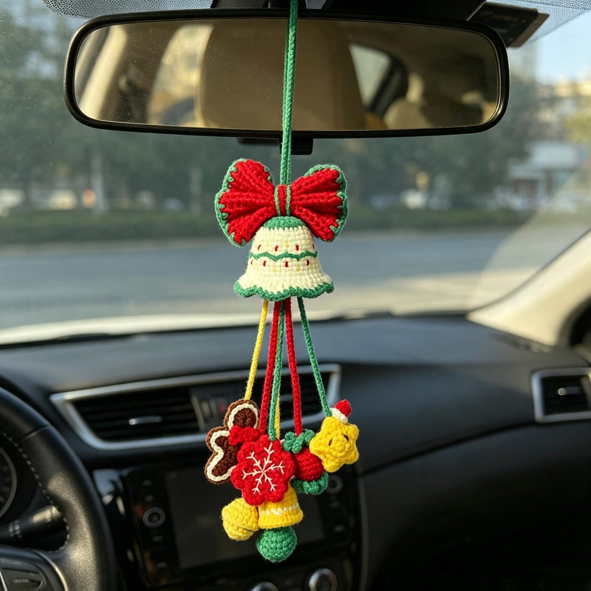 Hand-Crocheted Xmas Auto Hanging, Festive Rearview Mirror Ornament, Winter Vehicle Interior Accent, Themed Holiday Present for Motorists