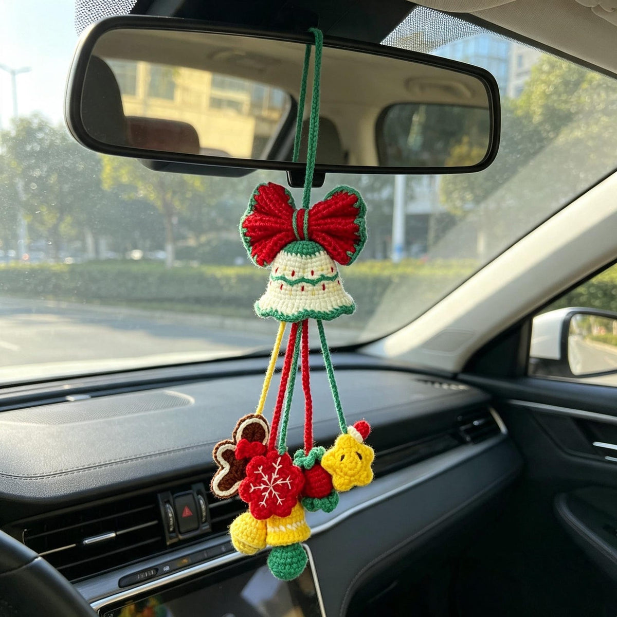 Hand-Crocheted Xmas Auto Hanging, Festive Rearview Mirror Ornament, Winter Vehicle Interior Accent, Themed Holiday Present for Motorists