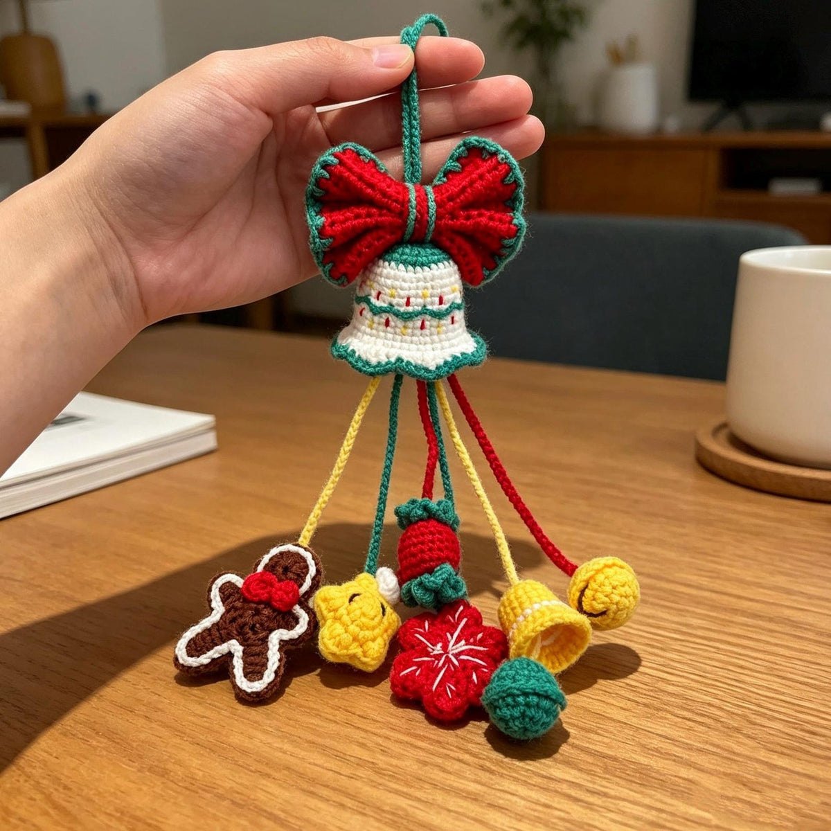 Hand-Crocheted Xmas Auto Hanging, Festive Rearview Mirror Ornament, Winter Vehicle Interior Accent, Themed Holiday Present for Motorists