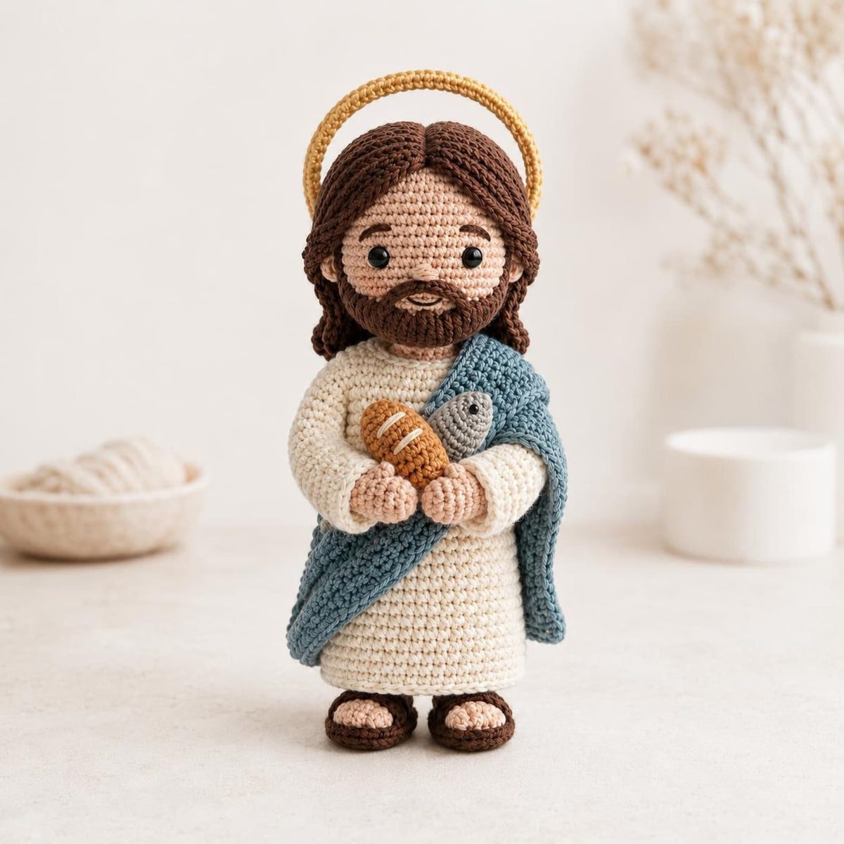 Crochet Jesus Doll, Handmade Amigurumi Catholic Plush with Bread & Fish, Christian Baptism First Communion Gift, Religious Room Altar Decor