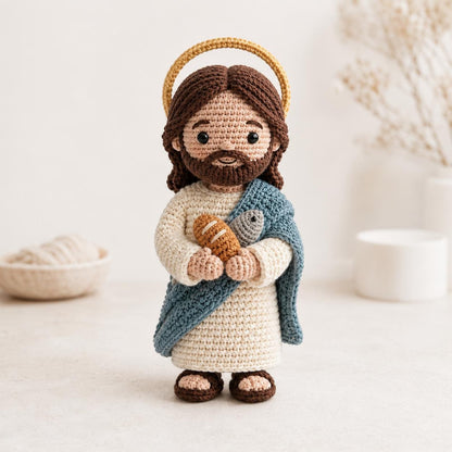 Crochet Jesus Doll, Handmade Amigurumi Catholic Plush with Bread & Fish, Christian Baptism First Communion Gift, Religious Room Altar Decor