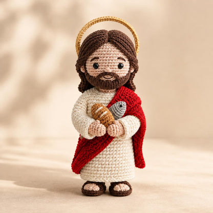 Crochet Jesus Doll, Handmade Amigurumi Catholic Plush with Bread & Fish, Christian Baptism First Communion Gift, Religious Room Altar Decor