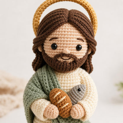 Crochet Jesus Doll, Handmade Amigurumi Catholic Plush with Bread & Fish, Christian Baptism First Communion Gift, Religious Room Altar Decor