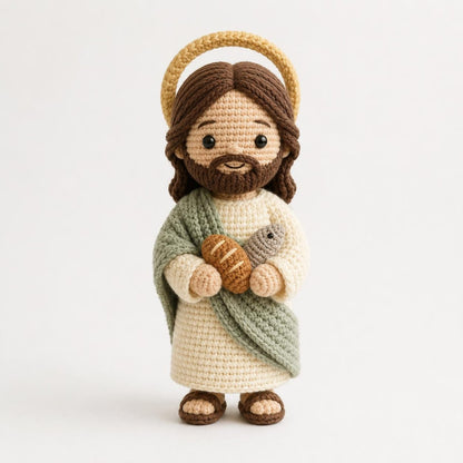 Crochet Jesus Doll, Handmade Amigurumi Catholic Plush with Bread & Fish, Christian Baptism First Communion Gift, Religious Room Altar Decor