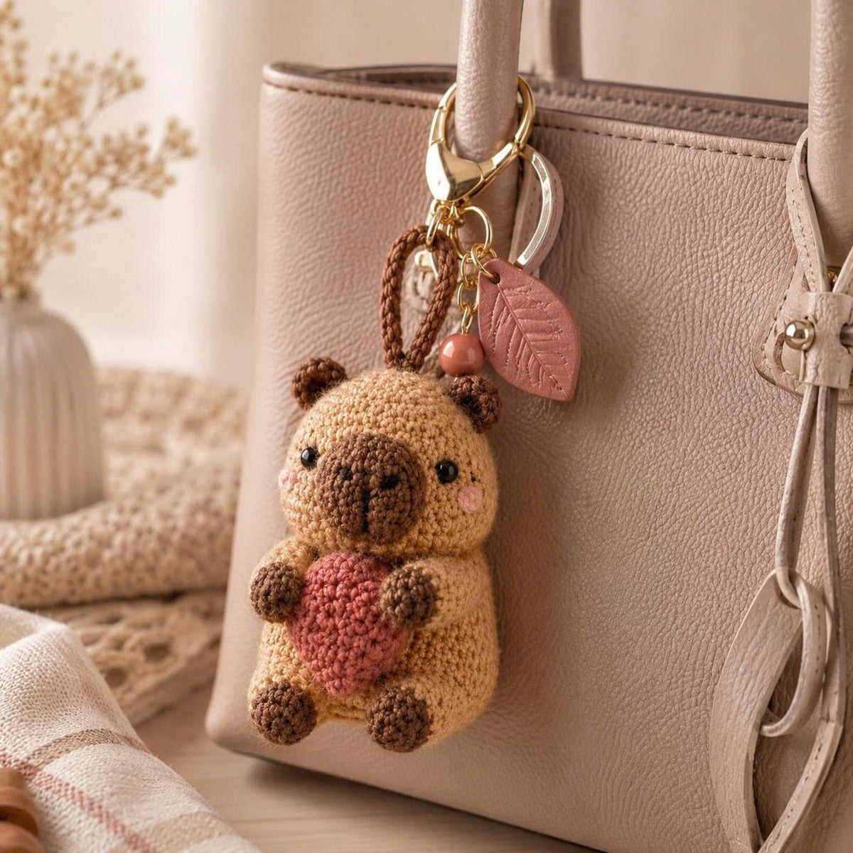 Crochet Capybara Couple Keychain, Handmade Amigurumi Plush, Matching Heart Gift for Couples, Anniversary Present, Cute Boho Decor