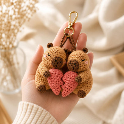 Crochet Capybara Couple Keychain, Handmade Amigurumi Plush, Matching Heart Gift for Couples, Anniversary Present, Cute Boho Decor