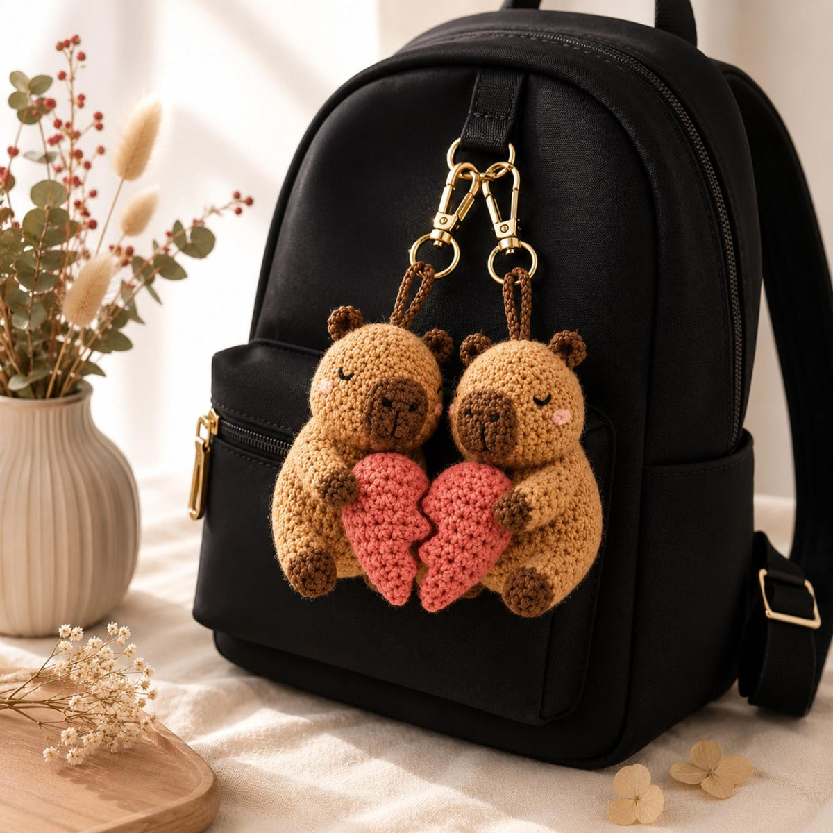 Crochet Capybara Couple Keychain, Handmade Amigurumi Plush, Matching Heart Gift for Couples, Anniversary Present, Cute Boho Decor