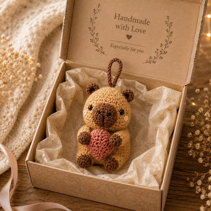 Crochet Capybara Couple Keychain, Handmade Amigurumi Plush, Matching Heart Gift for Couples, Anniversary Present, Cute Boho Decor