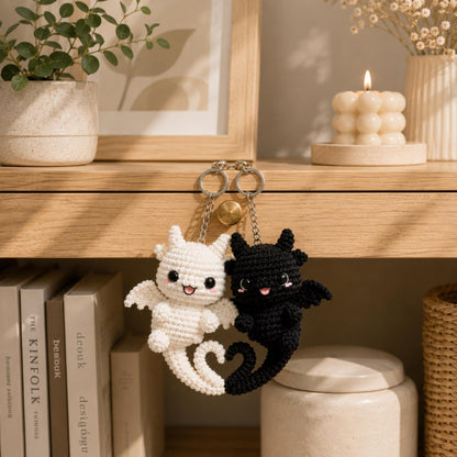 Handmade Crochet Dragon Keychain, Black & White Dragon Charm, Couple Gift, Cute Bag Charm, Anniversary Gift, Fantasy Plush Keychain