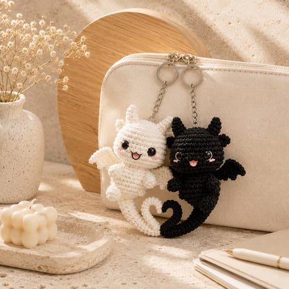 Handmade Crochet Dragon Keychain, Black & White Dragon Charm, Couple Gift, Cute Bag Charm, Anniversary Gift, Fantasy Plush Keychain