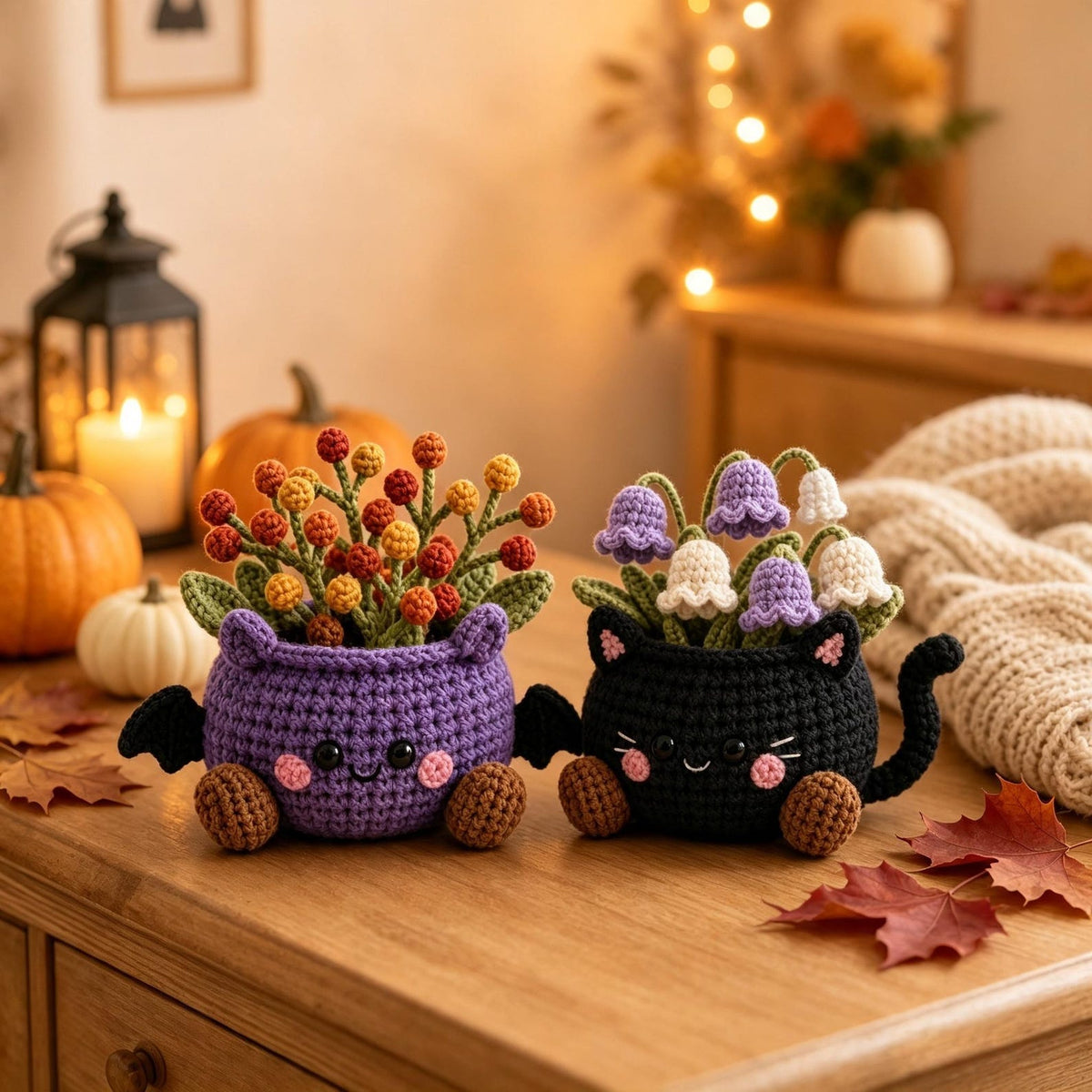 Crochet Halloween Character Flower Pot, Cute Fall Desk Decor, Thanksgiving and Halloween Gift for Coworker, Friend, Family