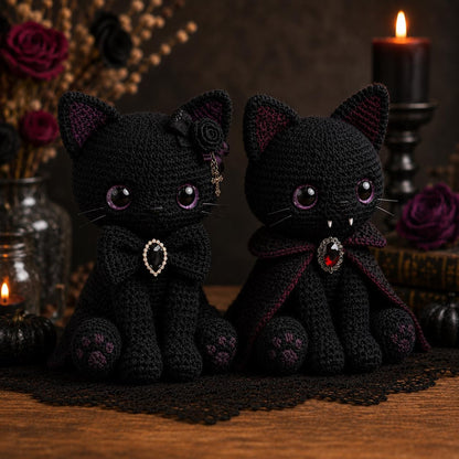 Crochet Black Cat Plush, Vampire Dracula Cat Amigurumi, Halloween Decor Spooky Cute Gothic Room Decor, Witch Familiar Creepy Kawaii Gift