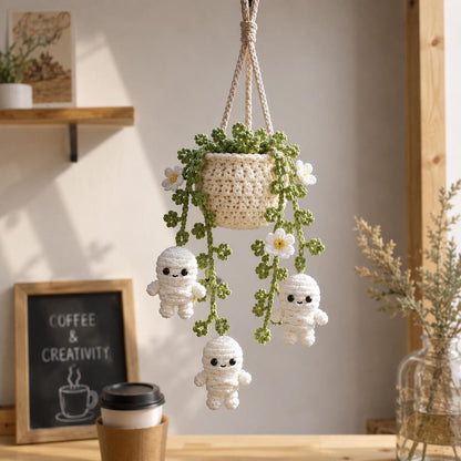 Halloween Mummy Daisy Plant Crochet Car Hanging, Halloween Car Charm, Spooky Cute Plant Car Ornament, Handmade Car Accessory