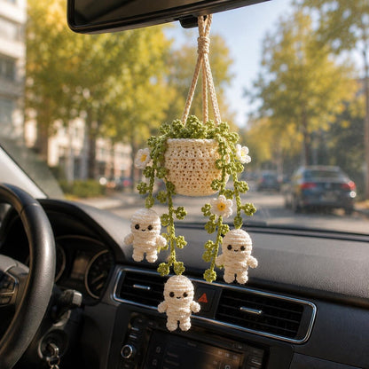 Halloween Mummy Daisy Plant Crochet Car Hanging, Halloween Car Charm, Spooky Cute Plant Car Ornament, Handmade Car Accessory