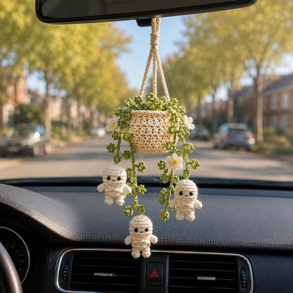 Halloween Mummy Daisy Plant Crochet Car Hanging, Halloween Car Charm, Spooky Cute Plant Car Ornament, Handmade Car Accessory