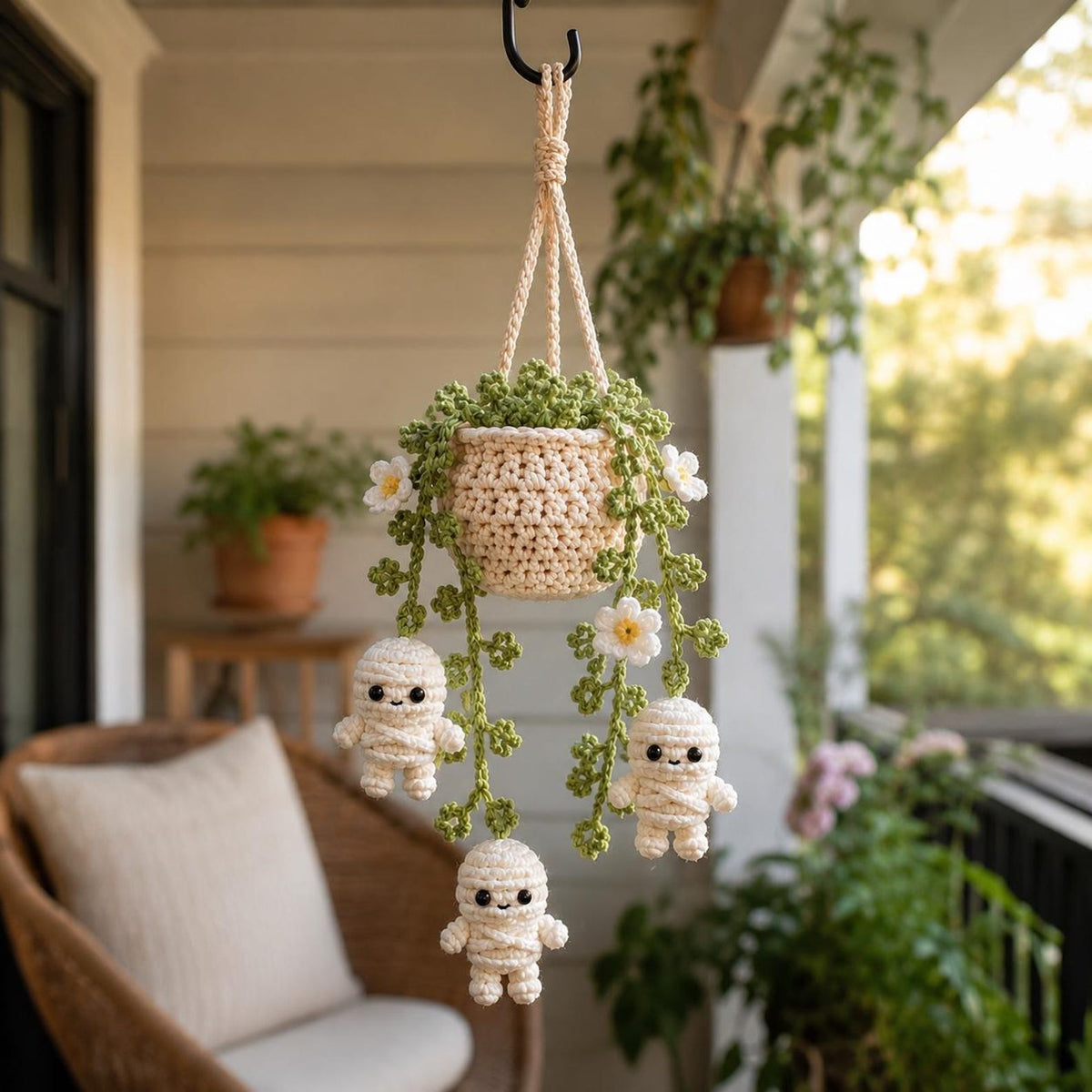 Halloween Mummy Daisy Plant Crochet Car Hanging, Halloween Car Charm, Spooky Cute Plant Car Ornament, Handmade Car Accessory