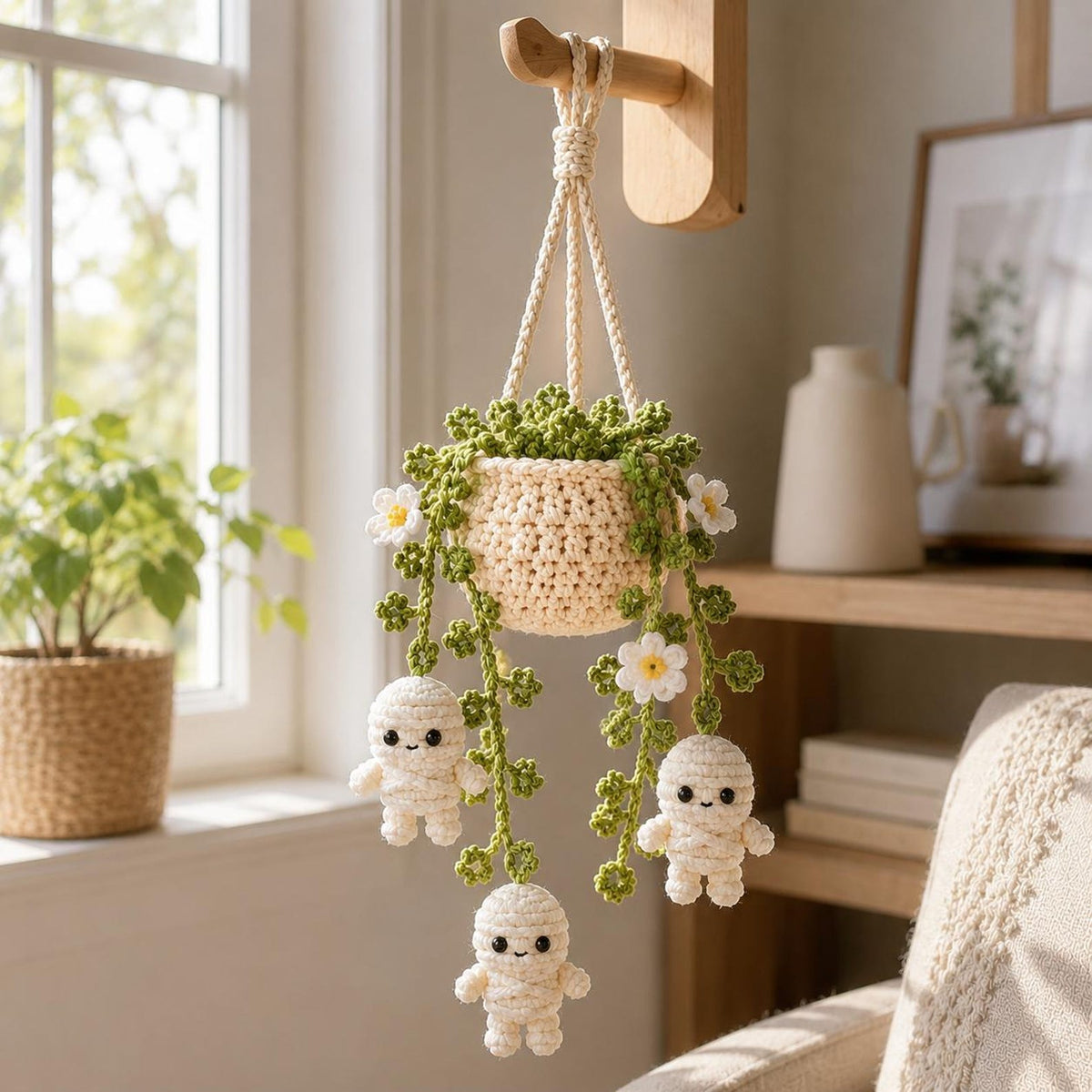 Halloween Mummy Daisy Plant Crochet Car Hanging, Halloween Car Charm, Spooky Cute Plant Car Ornament, Handmade Car Accessory