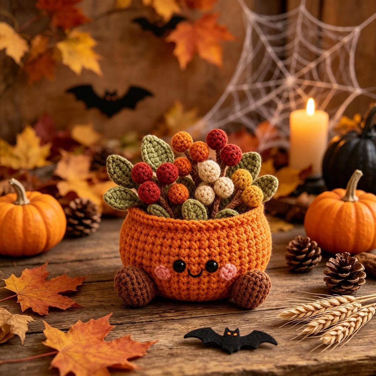 Handmade Crochet Pumpkin Flower Pot, Cute Fall Desk & Tiered Tray Decor, Halloween and Harvest Festival Gift for Coworker, Friend, Family