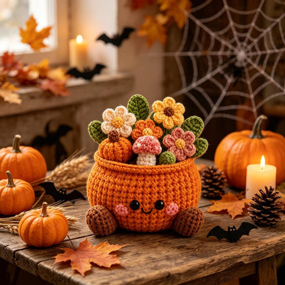 Handmade Crochet Pumpkin Flower Pot, Cute Fall Desk & Tiered Tray Decor, Halloween and Harvest Festival Gift for Coworker, Friend, Family