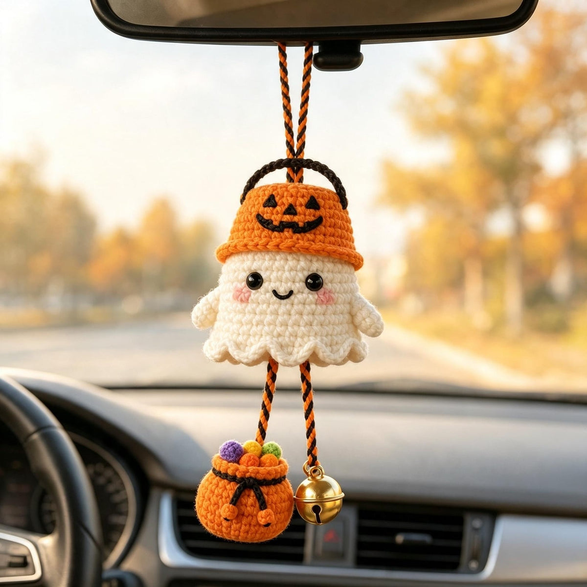 Handmade Crochet Halloween Ghost Car Hanging Ornament, Cute Spooky Car Accessory, Halloween Gift for Drivers, Friends and Coworkers
