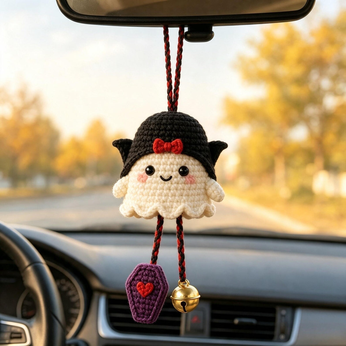 Handmade Crochet Halloween Ghost Car Hanging Ornament, Cute Spooky Car Accessory, Halloween Gift for Drivers, Friends and Coworkers