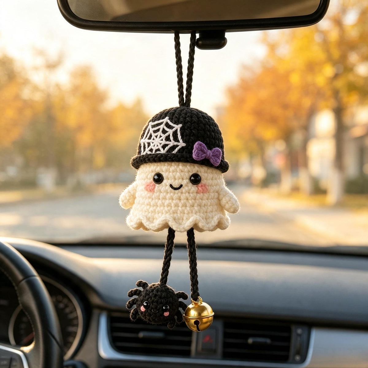 Handmade Crochet Halloween Ghost Car Hanging Ornament, Cute Spooky Car Accessory, Halloween Gift for Drivers, Friends and Coworkers
