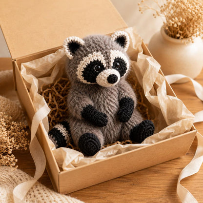 Crochet Raccoon Plush, Fuzzy Trash Panda Stuffed Animal, Cute Woodland Creature Amigurumi, Handmade Forest Animal Toy, Raccoon Lover Gift