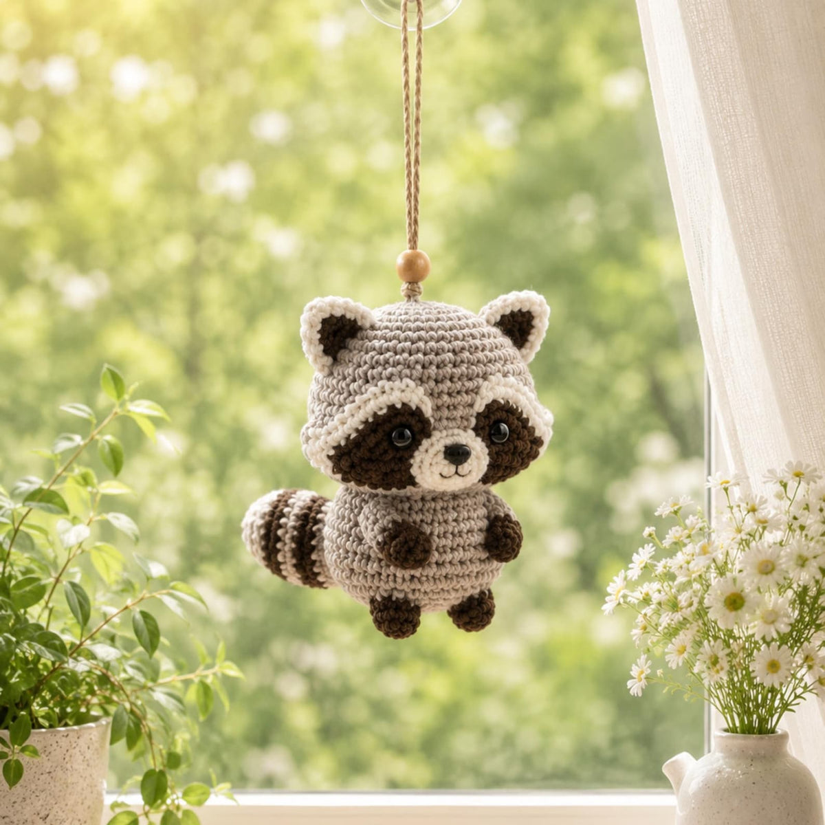 Cute Crochet Raccoon Ornament, Woodland Animal Gift, Handmade Raccoon Car Charm, Crochet Keychain, Forest Nursery Decor, Handmade Crochet