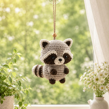 Cute Crochet Raccoon Ornament, Woodland Animal Gift, Handmade Raccoon Car Charm, Crochet Keychain, Forest Nursery Decor, Handmade Crochet