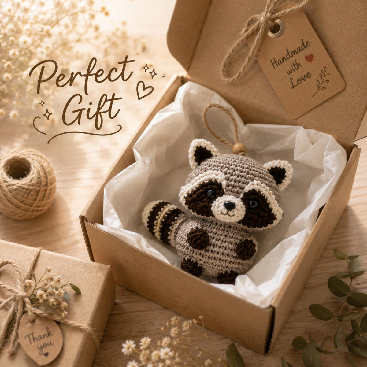 Cute Crochet Raccoon Ornament, Woodland Animal Gift, Handmade Raccoon Car Charm, Crochet Keychain, Forest Nursery Decor, Handmade Crochet