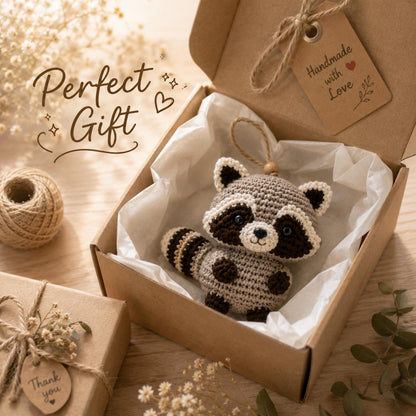 Cute Crochet Raccoon Ornament, Woodland Animal Gift, Handmade Raccoon Car Charm, Crochet Keychain, Forest Nursery Decor, Handmade Crochet