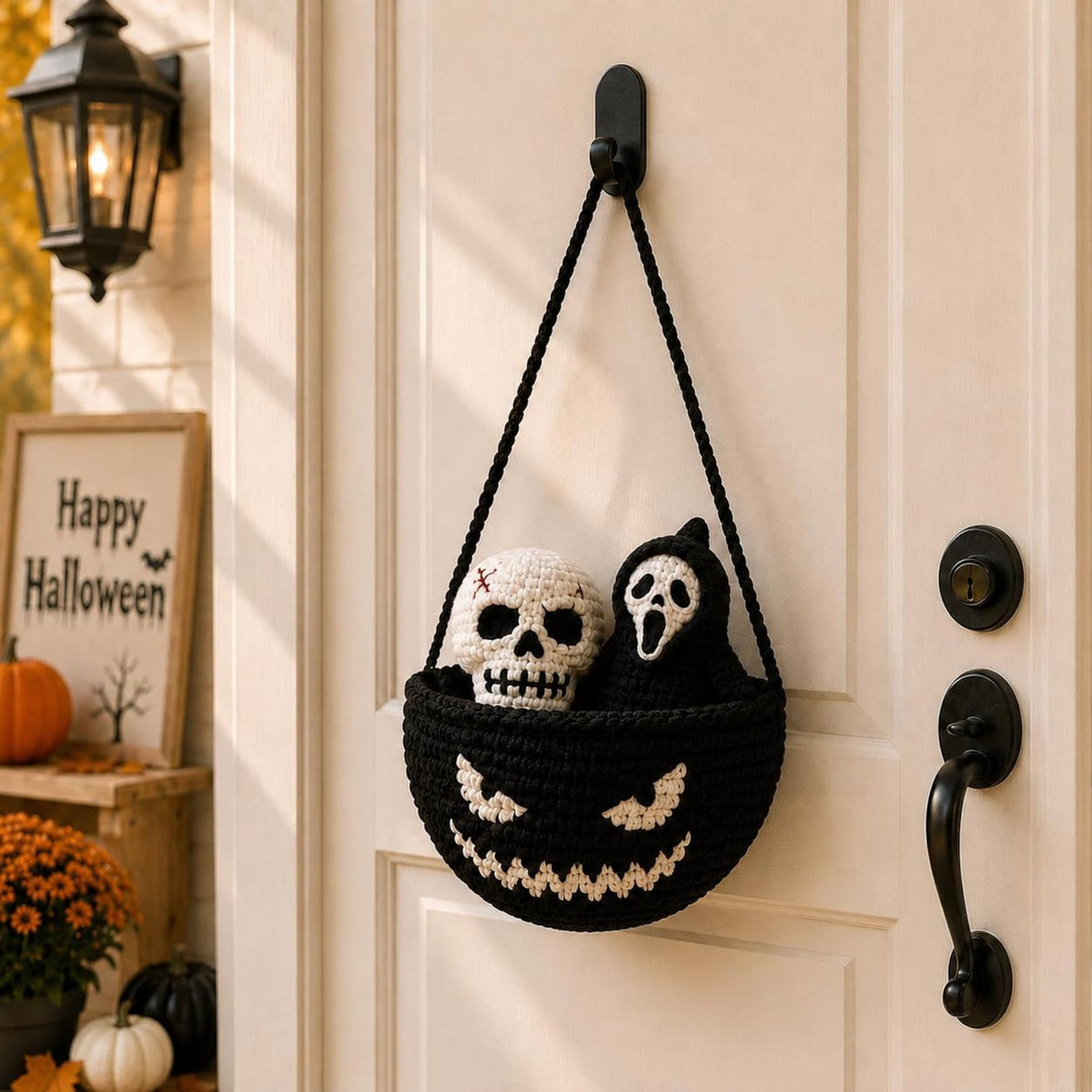 Crochet Pumpkin Plant Decor, Handmade Hanging Basket with Ghost Cat & Mushroom,Cute Autumn Crochet Decoration,Halloween Gift,Halloween Decor