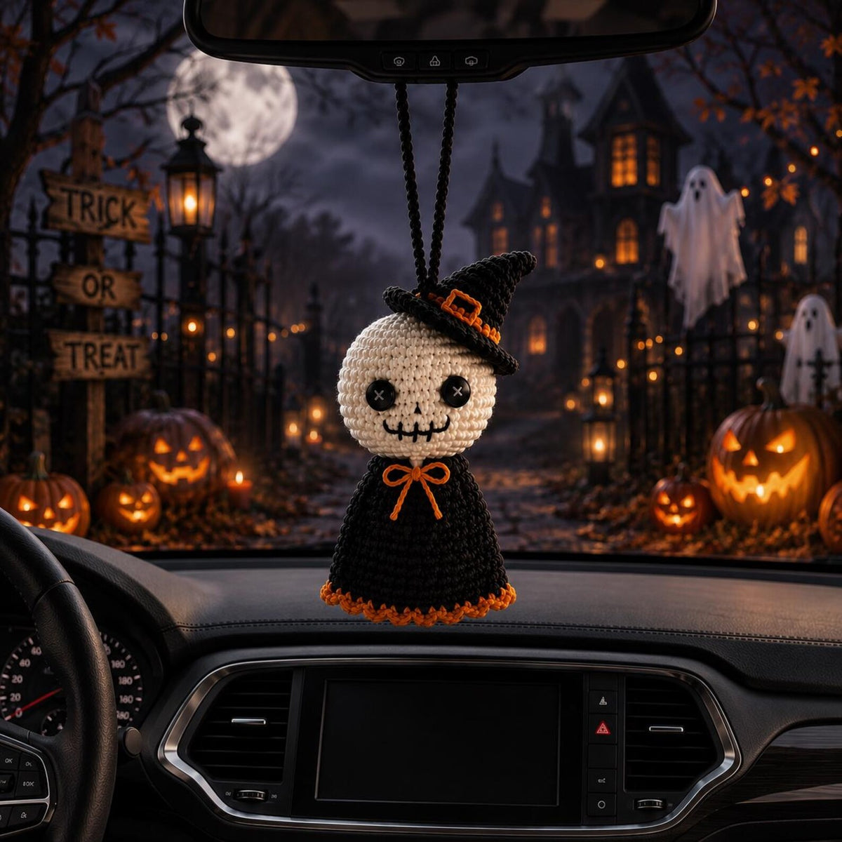 Crochet Car Charm,Halloween Skeleton Doll,Spooky Rearview Mirror Hanging, Cute Gothic Car Decor,Handmade Crochet Gift,CutePumpkinCarOrnament
