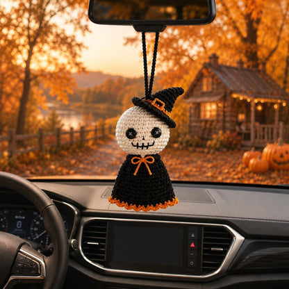 Crochet Car Charm,Halloween Skeleton Doll,Spooky Rearview Mirror Hanging, Cute Gothic Car Decor,Handmade Crochet Gift,CutePumpkinCarOrnament
