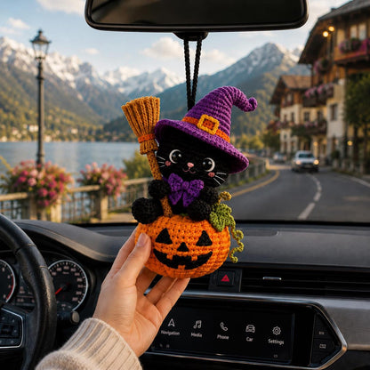 Halloween Crochet Cat Car Charm, Witch Cat Pumpkin Rearview Mirror Hanging,Handmade Spooky Car Ornament, Cute Halloween Gift,Halloween Decor